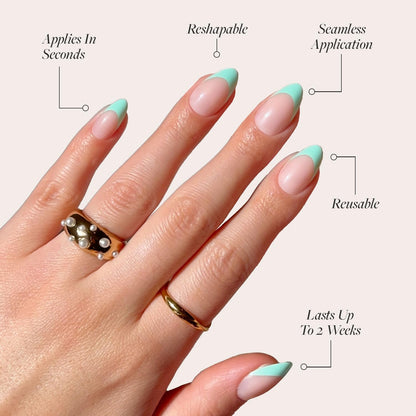 Glamnetic Press On Nails - Pistachio Crème | Short Almond Mint Blue French Tips with a Glossy Finish, Fake Nails, Reusable | 15 Sizes - 30 Nail Kit with Glue