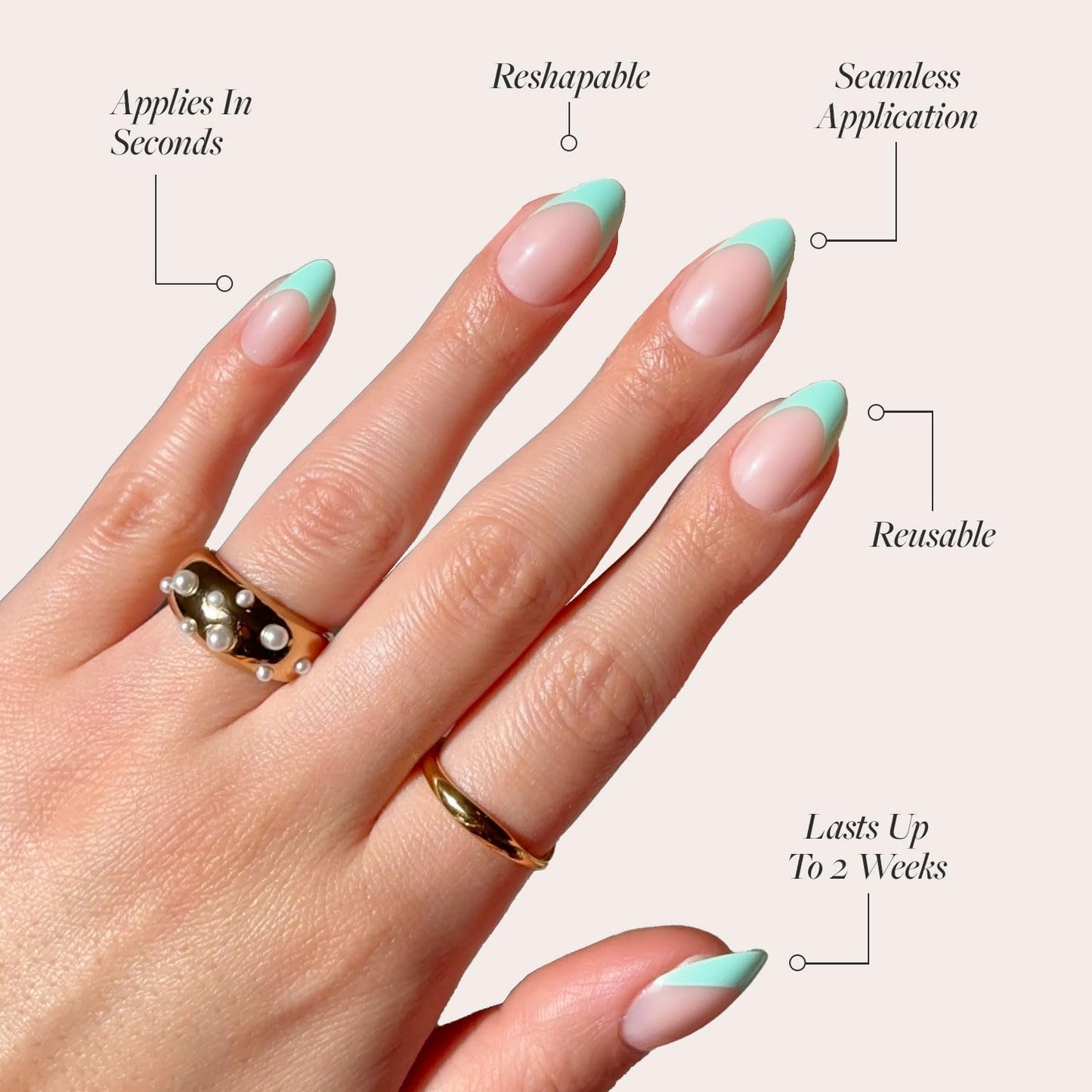 Glamnetic Press On Nails - Pistachio Crème | Short Almond Mint Blue French Tips with a Glossy Finish, Fake Nails, Reusable | 15 Sizes - 30 Nail Kit with Glue