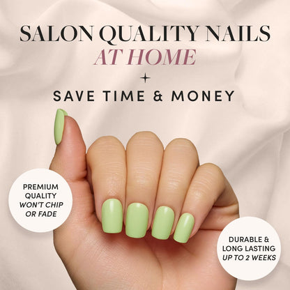 Glamnetic Press On Nails - Pistachio Crème | Short Almond Mint Blue French Tips with a Glossy Finish, Fake Nails, Reusable | 15 Sizes - 30 Nail Kit with Glue