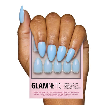 Glamnetic Press On Nails - Pistachio Crème | Short Almond Mint Blue French Tips with a Glossy Finish, Fake Nails, Reusable | 15 Sizes - 30 Nail Kit with Glue