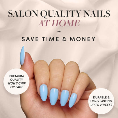 Glamnetic Press On Nails - Pistachio Crème | Short Almond Mint Blue French Tips with a Glossy Finish, Fake Nails, Reusable | 15 Sizes - 30 Nail Kit with Glue