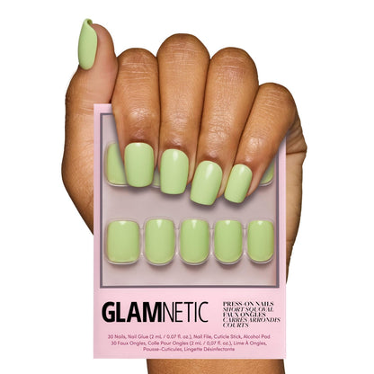 Glamnetic Press On Nails - Pistachio Crème | Short Almond Mint Blue French Tips with a Glossy Finish, Fake Nails, Reusable | 15 Sizes - 30 Nail Kit with Glue