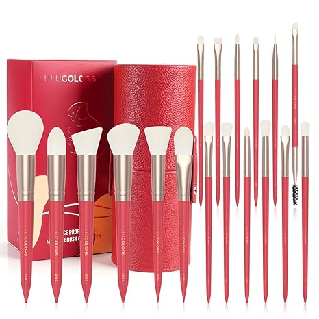 18-Piece Makeup Brush Set with Holder Case – Complete Professional Brush Collection for Flawless Makeup Application in Red -Soft Bristles (Red)