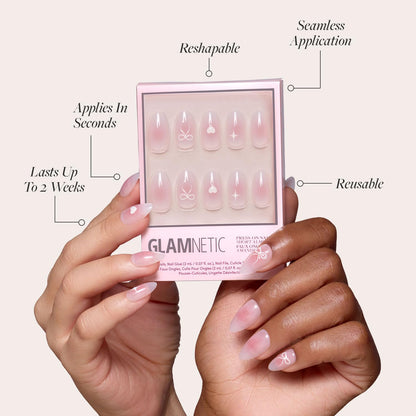 Glamnetic Press On Nails - Pistachio Crème | Short Almond Mint Blue French Tips with a Glossy Finish, Fake Nails, Reusable | 15 Sizes - 30 Nail Kit with Glue
