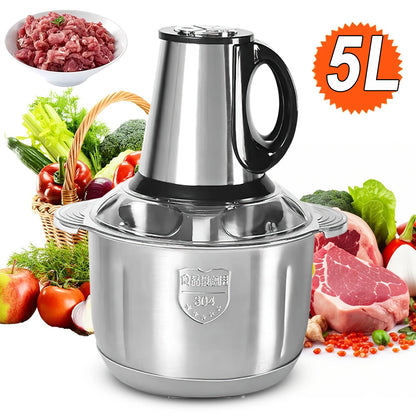 3 Speeds Electric Meat Mincer Grinder Stainless Steel Chopper 5L Home Food Processor Garlic Mud Maker Blender Large Capacity