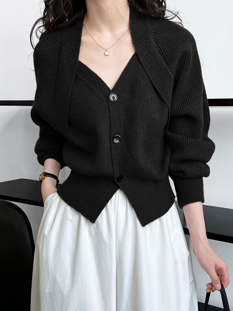 Patchwork V-neck Button Sweater
