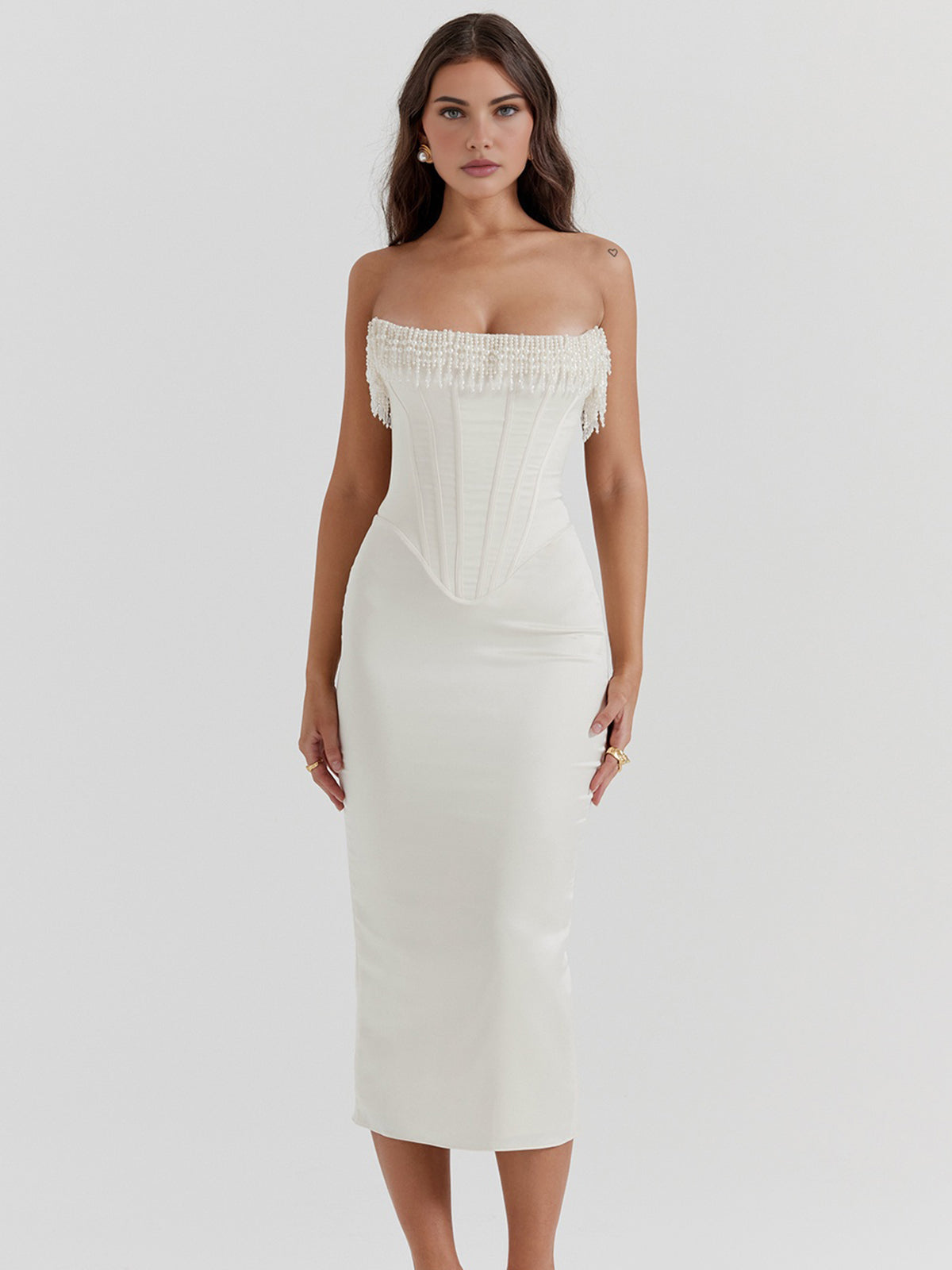 Olivia | Strapless Pearl Midi Dress