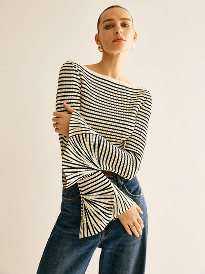 Cold-Shoulder Striped Ruffle-Sleeve Cardigan