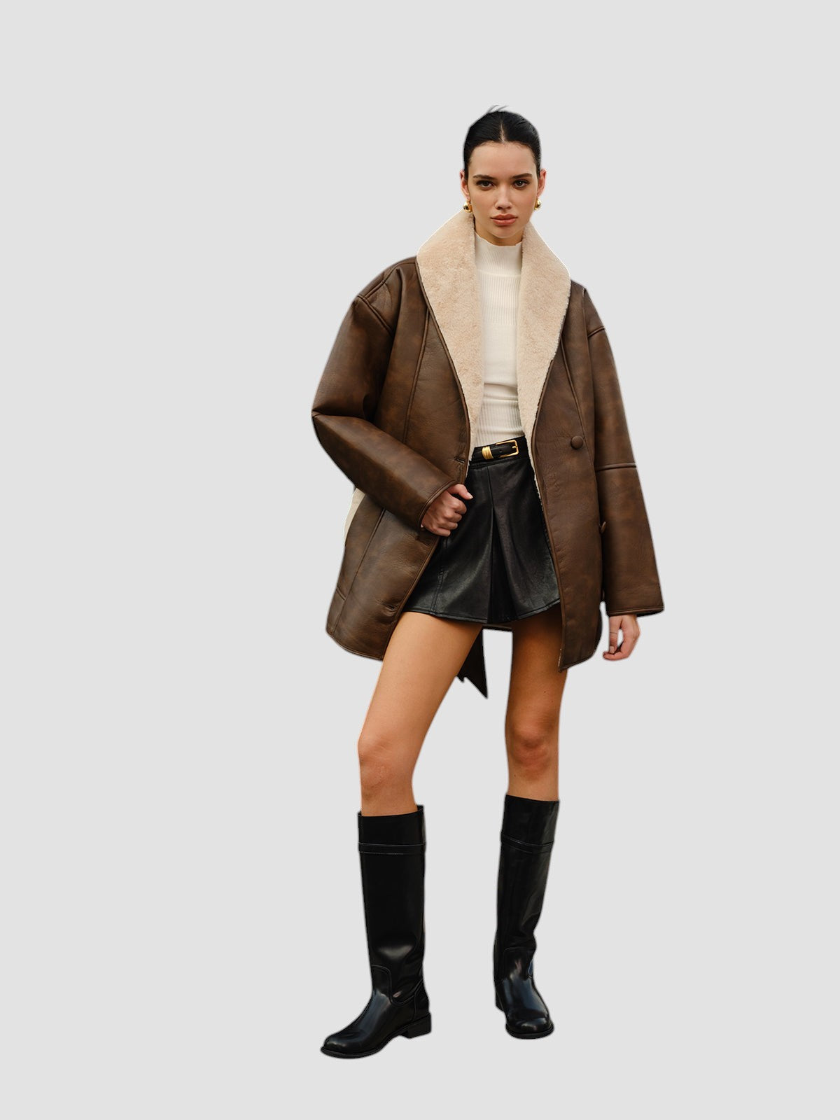 Pockets Belted Faux Leather Fleece Jacket