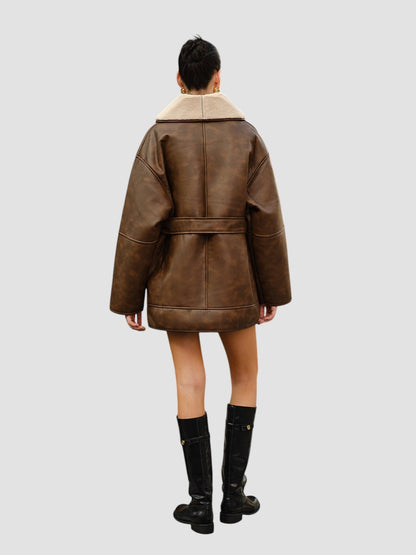 Pockets Belted Faux Leather Fleece Jacket