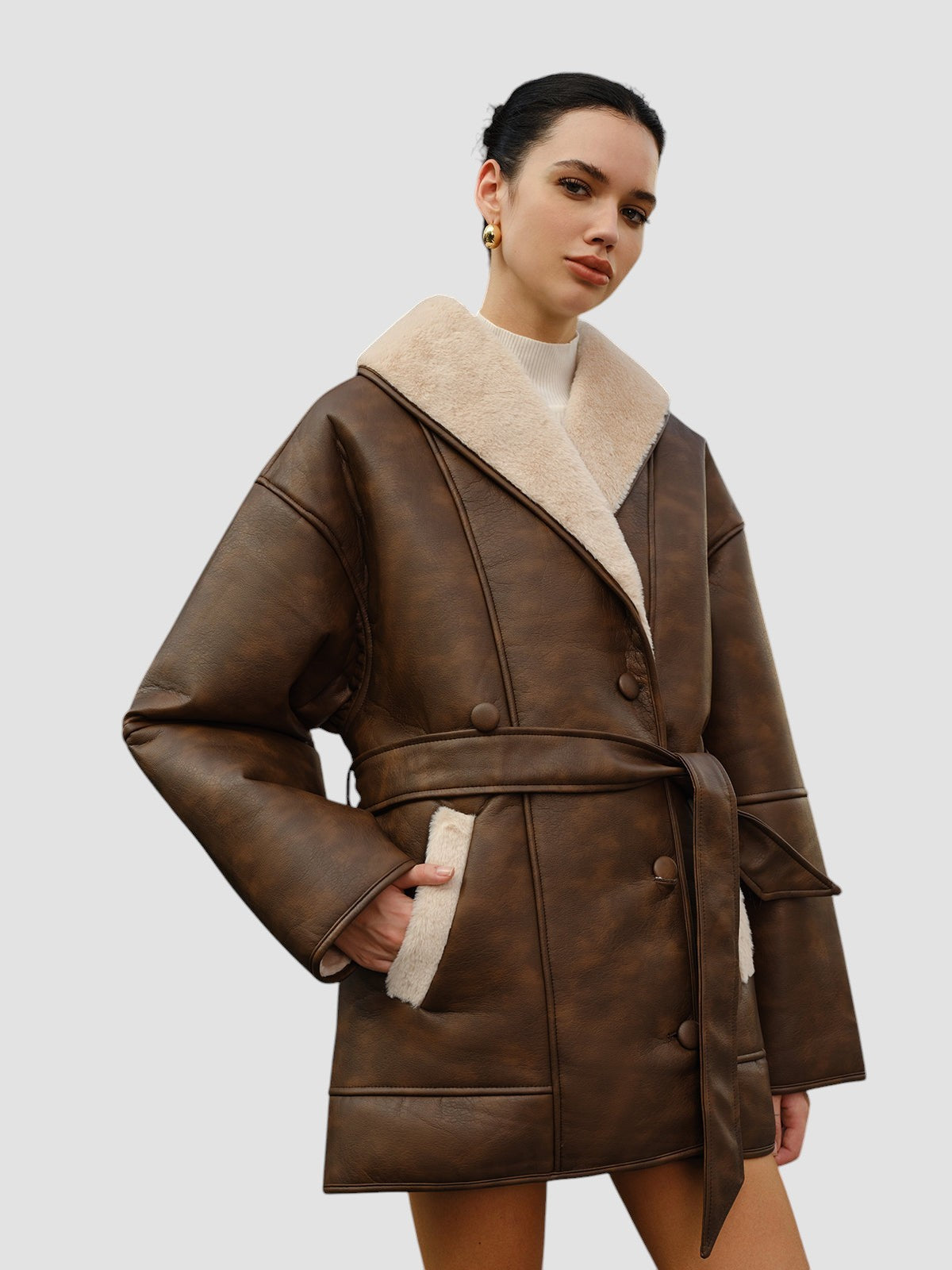Pockets Belted Faux Leather Fleece Jacket