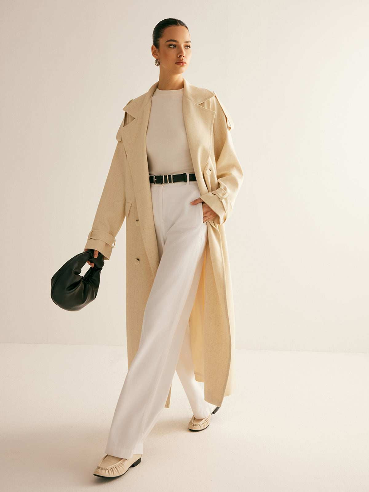 Lapel Pockets Belted Trench Coat