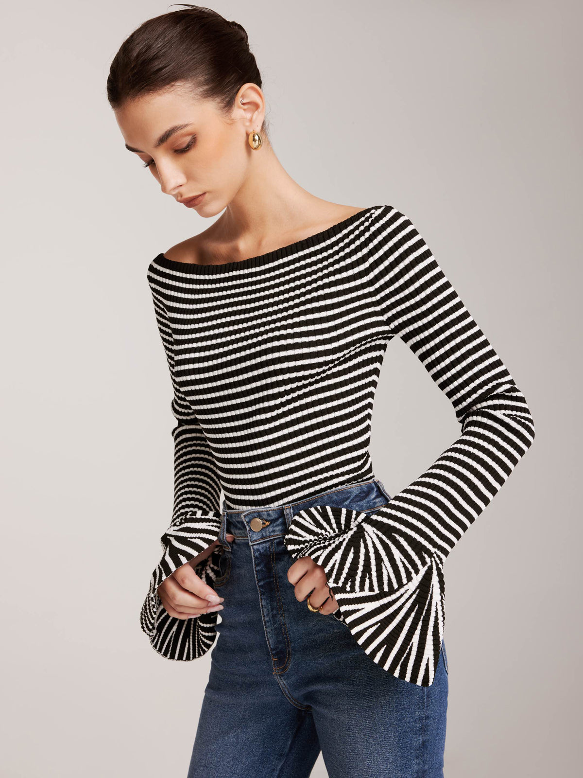Cold-Shoulder Striped Ruffle-Sleeve Cardigan