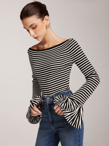 Cold-Shoulder Striped Ruffle-Sleeve Cardigan