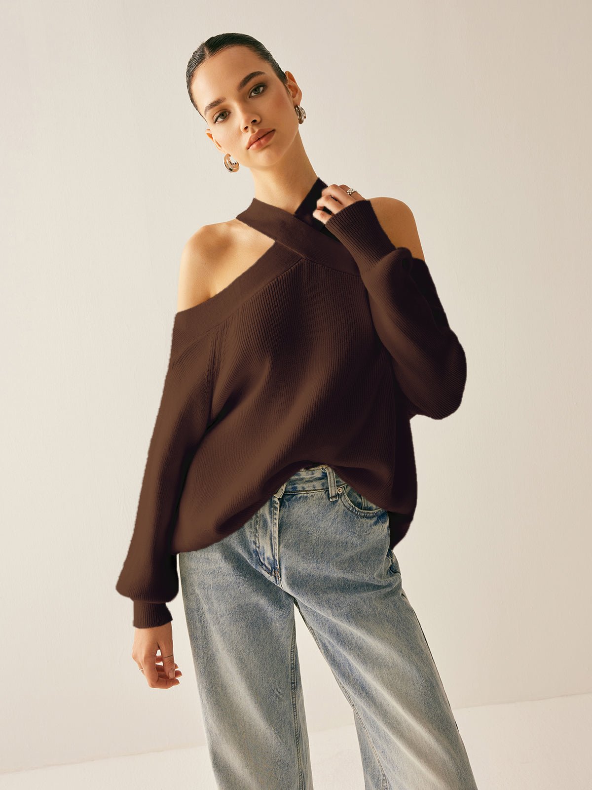 Cross-Over Collar Cold-Shoulder Sweater