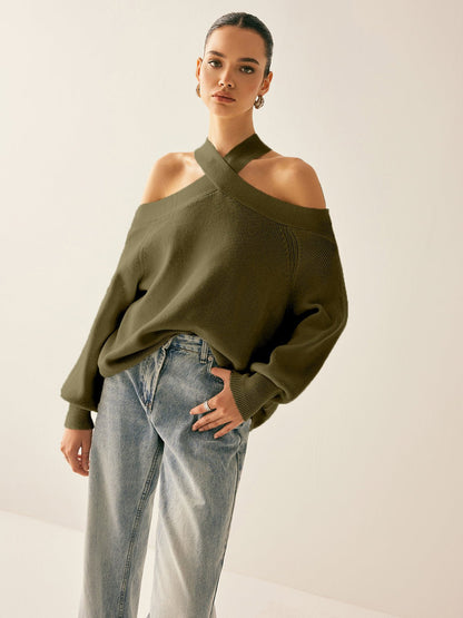 Cross-Over Collar Cold-Shoulder Sweater