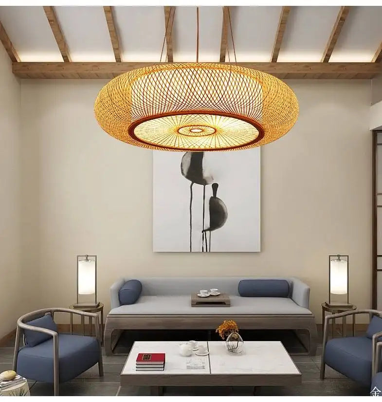 Japandi Rattan and Iron LED Chandelier