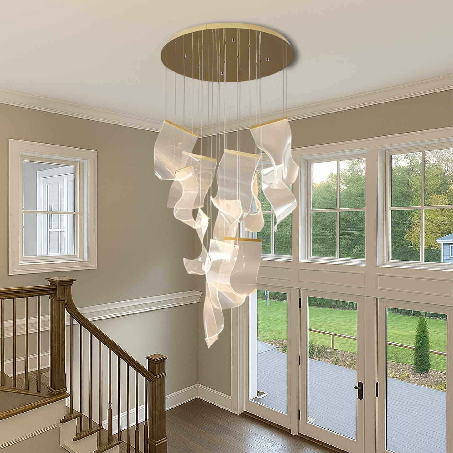 Golden Acrylic Staircase Chandelier – Elegant Lighting Statement