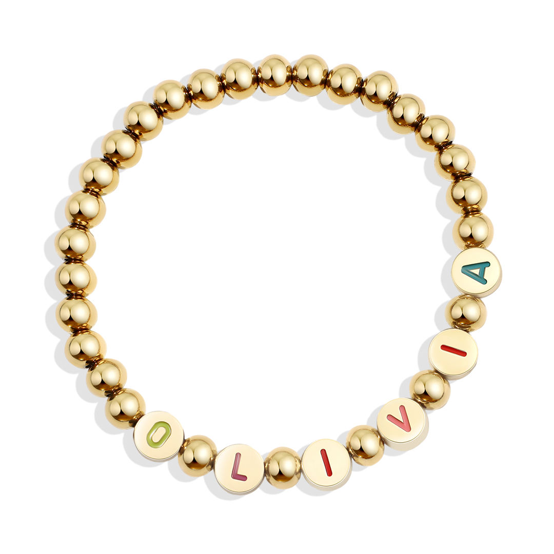 Custom Rainbow Letter Gold Disc Beaded Bracelet
