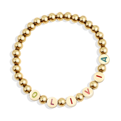 Custom Rainbow Letter Gold Disc Beaded Bracelet