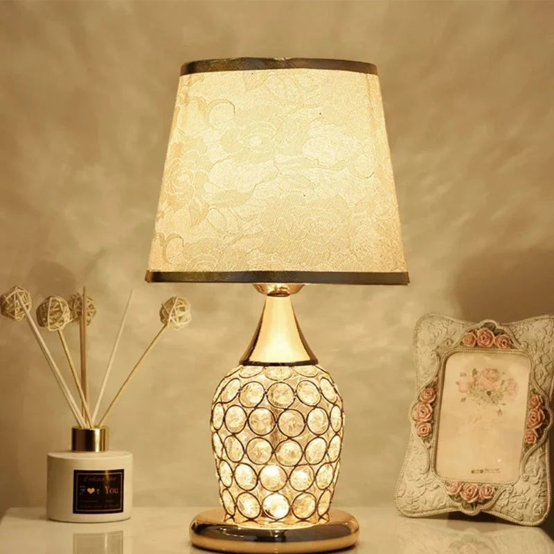 Gold Crystal Table Lamp Chrome Fabric Lampshade Metal Hollow