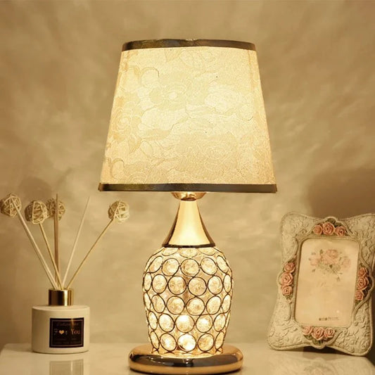 Gold Crystal Table Lamp Chrome Fabric Lampshade Metal Hollow