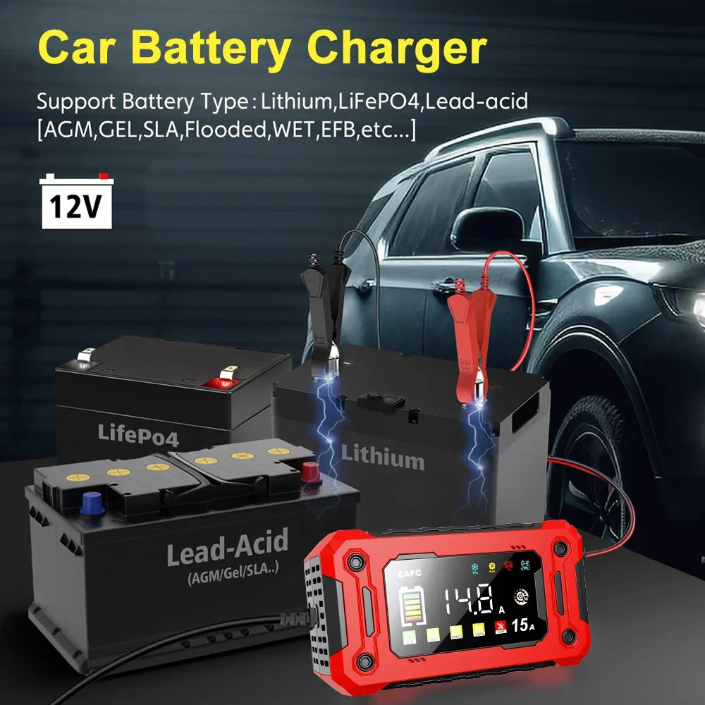 Cargador de batería de coche inteligente de 12V, 15A/8A, reparación de pulso, arranque automático, cargador rápido, baterías de plomo y ácido para motocicleta y camión
