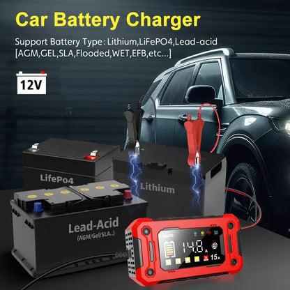 Cargador de batería de coche inteligente de 12V, 15A/8A, reparación de pulso, arranque automático, cargador rápido, baterías de plomo y ácido para motocicleta y camión