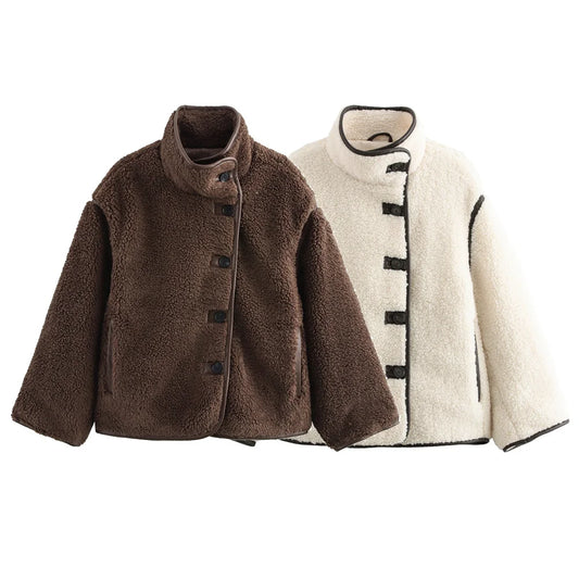 BMURHMZA Women's High Neck Loose Edition Warm Long Sleeve Teddy Velvet Coat Winter New Solid Color Thick Jacket