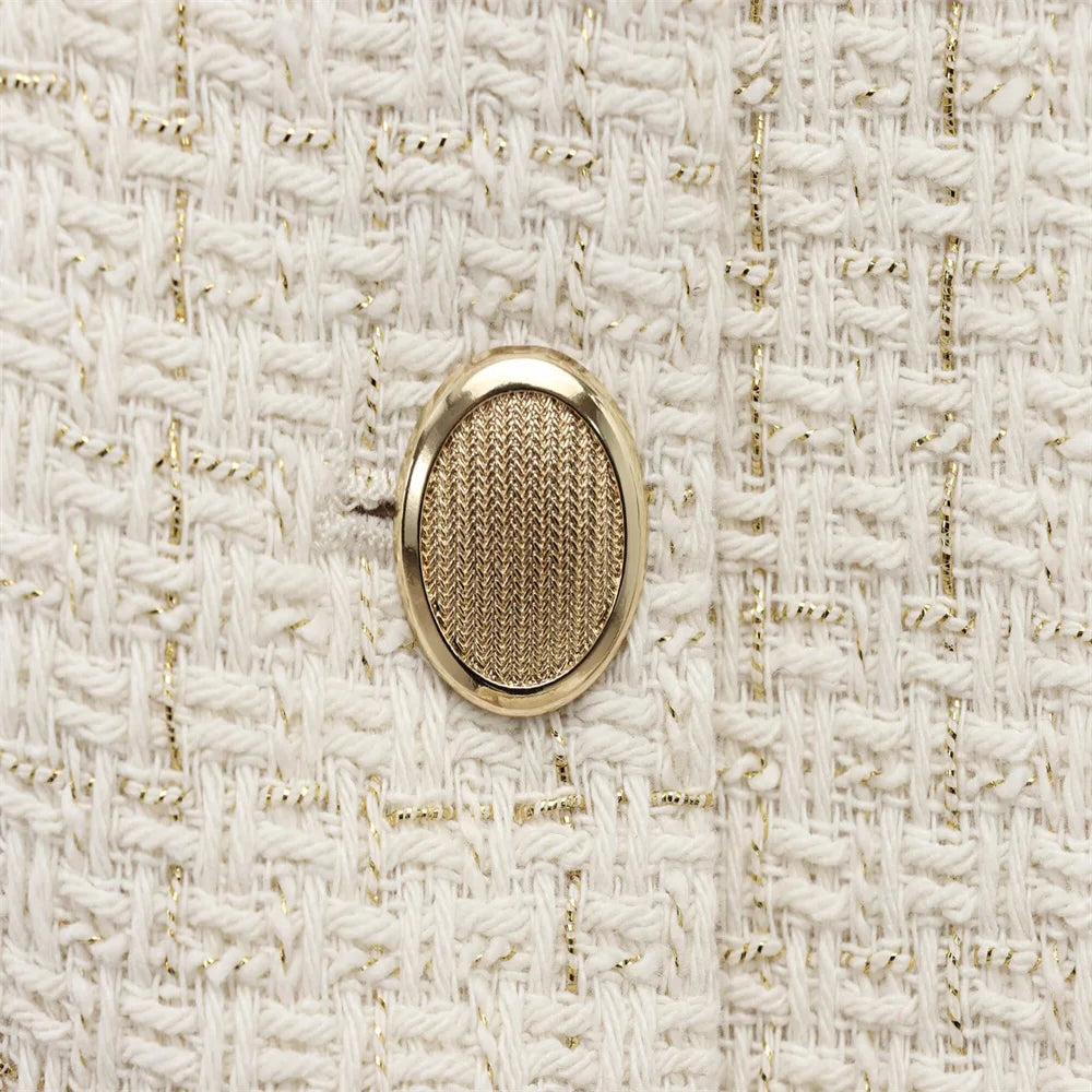 PB&ZA 2025 Women Beige Tweed Jacket with Gold Buttons and Belt Long Sleeves and Front Pockets for Sale on AliExpress