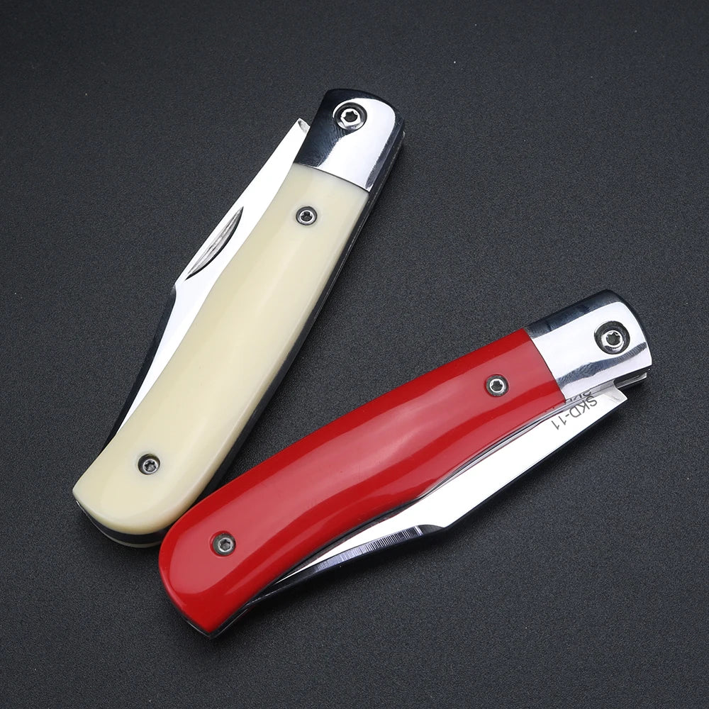 Cuchillo plegable con hoja de acero tres en uno con mango de hueso de toro, cuchillo pequeño multifuncional para acampar y pescar al aire libre