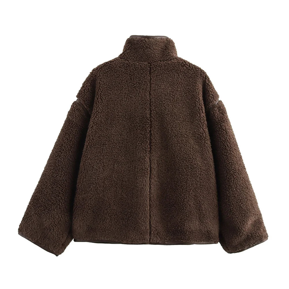 BMURHMZA Women's High Neck Loose Edition Warm Long Sleeve Teddy Velvet Coat Winter New Solid Color Thick Jacket