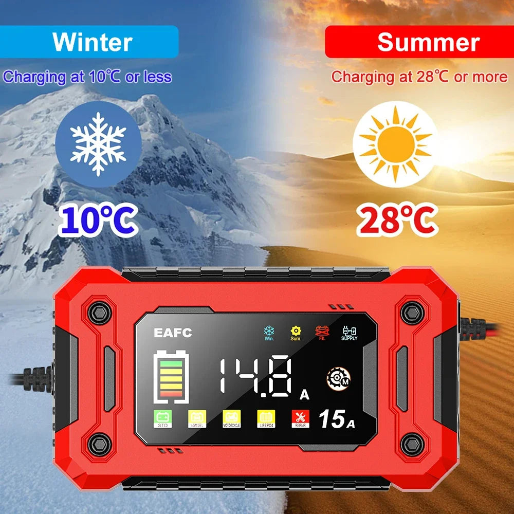 Cargador de batería de coche inteligente de 12V, 15A/8A, reparación de pulso, arranque automático, cargador rápido, baterías de plomo y ácido para motocicleta y camión