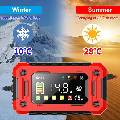 Cargador de batería de coche inteligente de 12V, 15A/8A, reparación de pulso, arranque automático, cargador rápido, baterías de plomo y ácido para motocicleta y camión