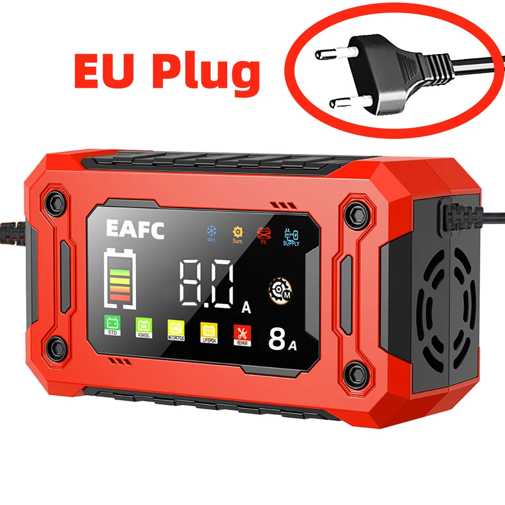 Cargador de batería de coche inteligente de 12V, 15A/8A, reparación de pulso, arranque automático, cargador rápido, baterías de plomo y ácido para motocicleta y camión