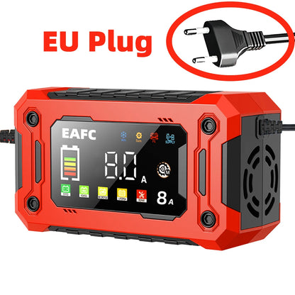 Cargador de batería de coche inteligente de 12V, 15A/8A, reparación de pulso, arranque automático, cargador rápido, baterías de plomo y ácido para motocicleta y camión
