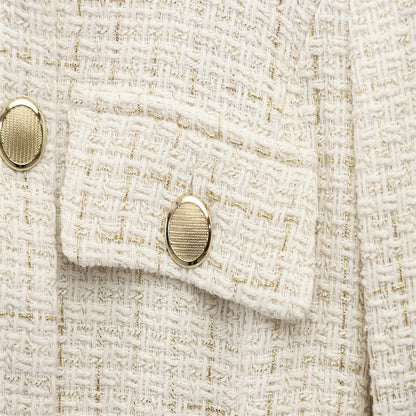PB&ZA 2025 Women Beige Tweed Jacket with Gold Buttons and Belt Long Sleeves and Front Pockets for Sale on AliExpress