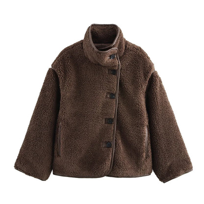 BMURHMZA Women's High Neck Loose Edition Warm Long Sleeve Teddy Velvet Coat Winter New Solid Color Thick Jacket
