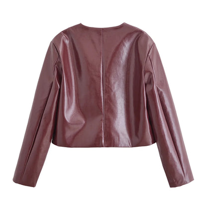 PB&ZA Women 2024 Winter New Fashion Ginishly Faux Leather Jacket Coat Vintage Long Sleeve Button Casual Outerwear Chic Overshirt