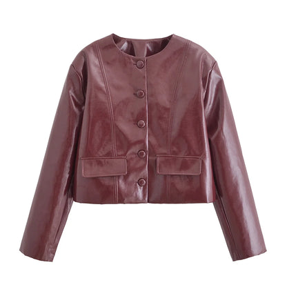 PB&ZA Women 2024 Winter New Fashion Ginishly Faux Leather Jacket Coat Vintage Long Sleeve Button Casual Outerwear Chic Overshirt