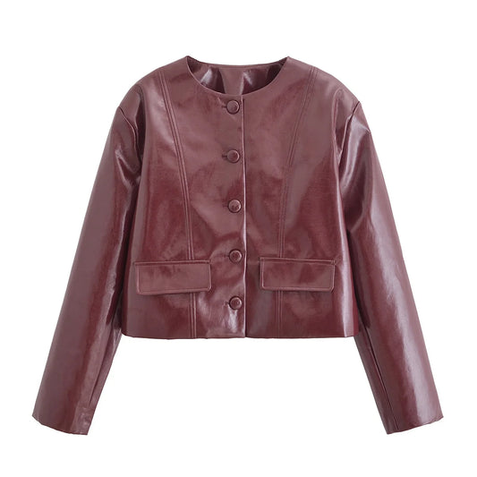 PB&ZA Women 2024 Winter New Fashion Ginishly Faux Leather Jacket Coat Vintage Long Sleeve Button Casual Outerwear Chic Overshirt