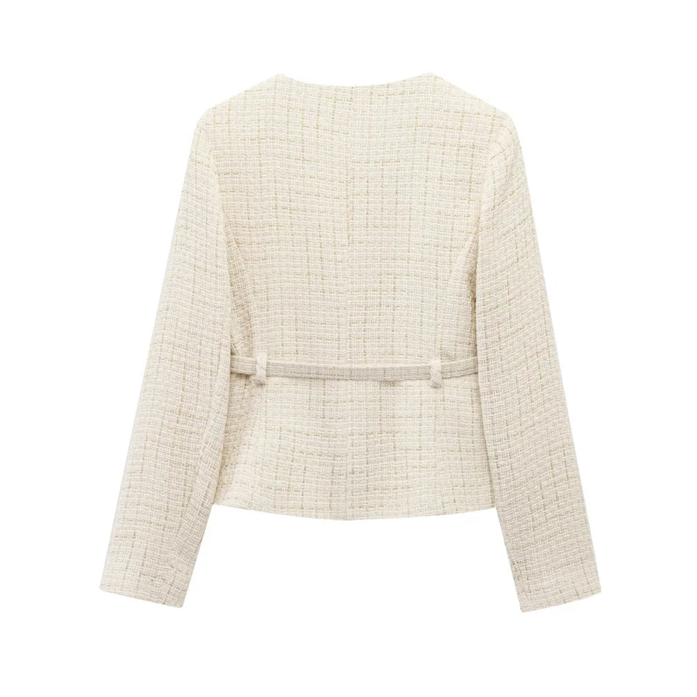 PB&ZA 2025 Women Beige Tweed Jacket with Gold Buttons and Belt Long Sleeves and Front Pockets for Sale on AliExpress