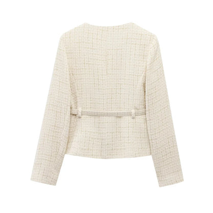 PB&ZA 2025 Women Beige Tweed Jacket with Gold Buttons and Belt Long Sleeves and Front Pockets for Sale on AliExpress
