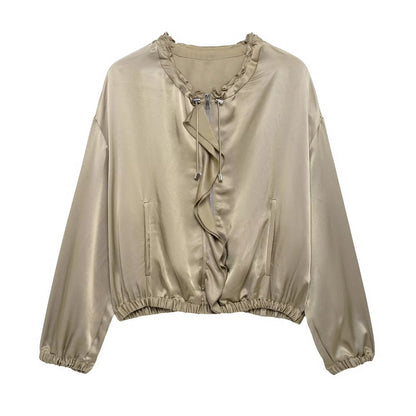 2025 Myst&Za Summer New Jacket Stand up Collar with Mushroom Edge Stacked Decoration Khaki Short Jacket Top