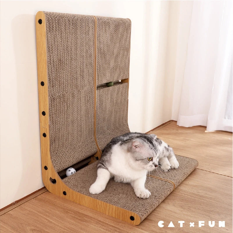 L-shaped cat scratch board vertical wall mounted durable and not easy to fall debris with bell shaped ball cat mint pet toys