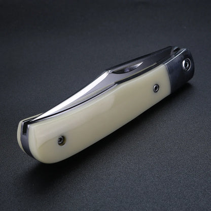 Cuchillo plegable con hoja de acero tres en uno con mango de hueso de toro, cuchillo pequeño multifuncional para acampar y pescar al aire libre