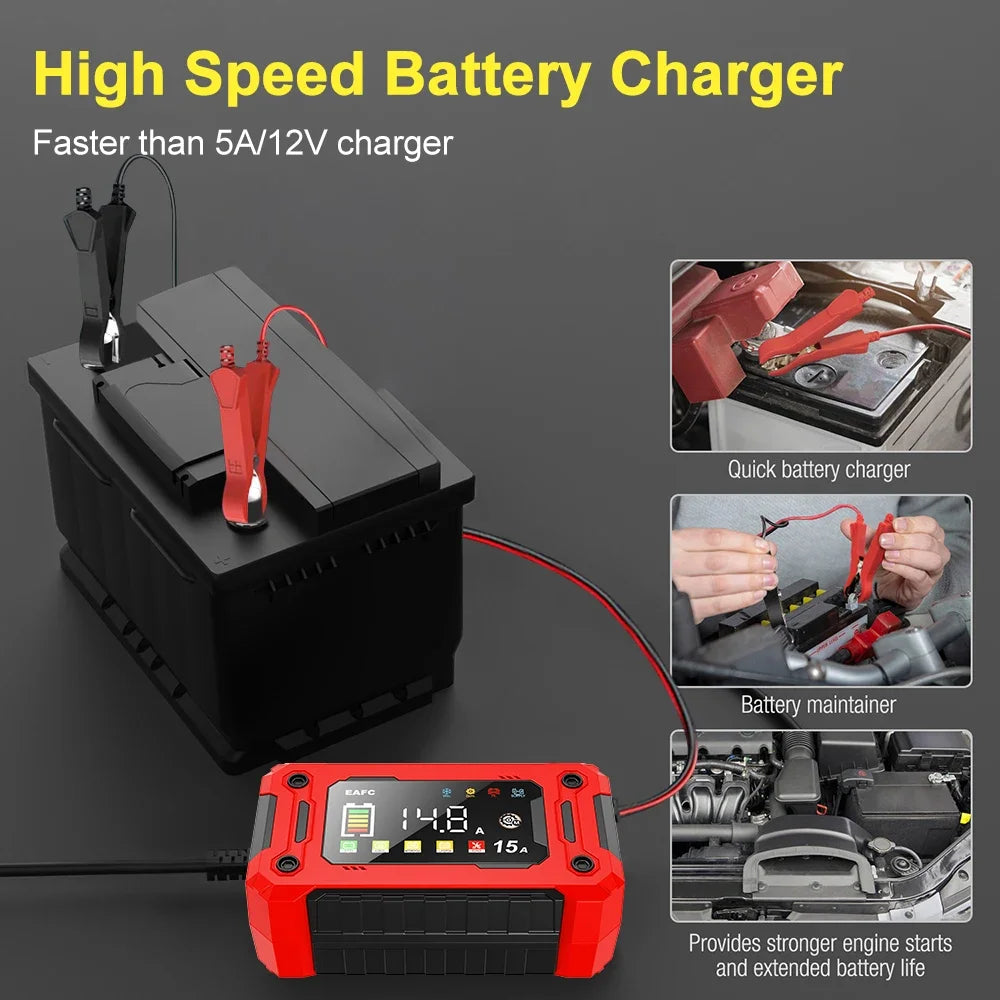 Cargador de batería de coche inteligente de 12V, 15A/8A, reparación de pulso, arranque automático, cargador rápido, baterías de plomo y ácido para motocicleta y camión
