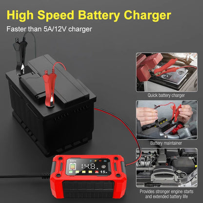 Cargador de batería de coche inteligente de 12V, 15A/8A, reparación de pulso, arranque automático, cargador rápido, baterías de plomo y ácido para motocicleta y camión