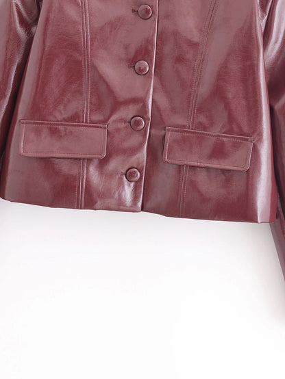 PB&ZA Women 2024 Winter New Fashion Ginishly Faux Leather Jacket Coat Vintage Long Sleeve Button Casual Outerwear Chic Overshirt