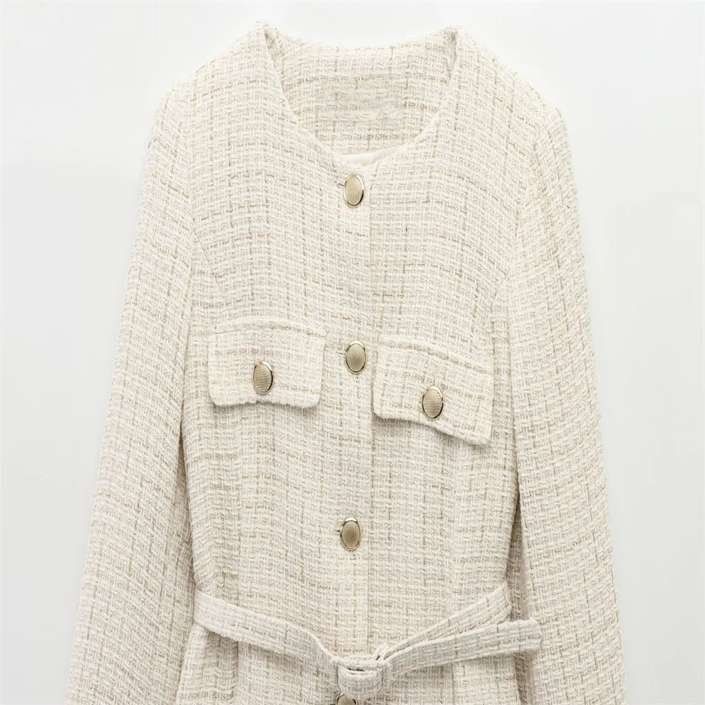 PB&ZA 2025 Women Beige Tweed Jacket with Gold Buttons and Belt Long Sleeves and Front Pockets for Sale on AliExpress